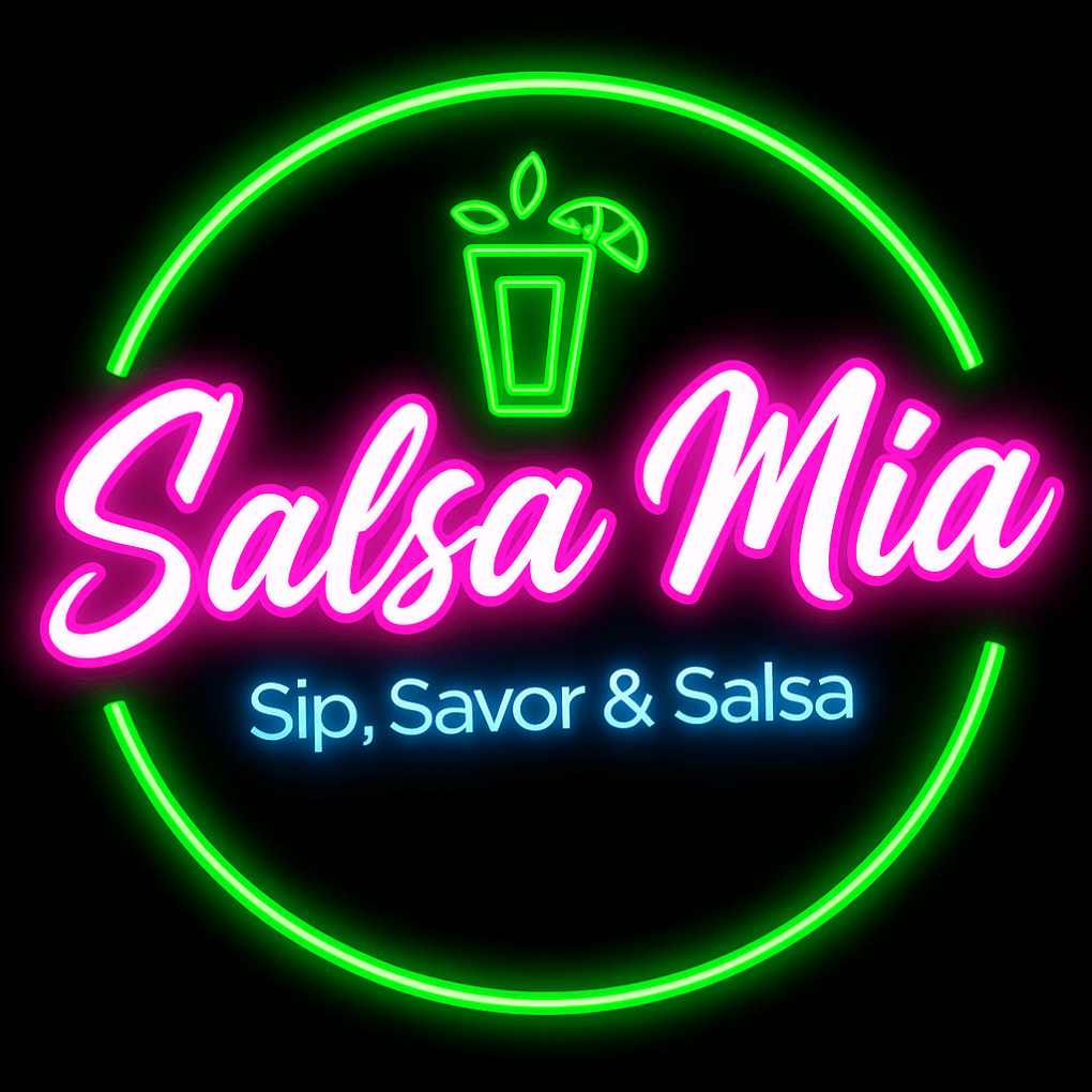 Neon logo reading 'Salsa Mia' with a drink icon and text 'Sip, Savor & Salsa'.