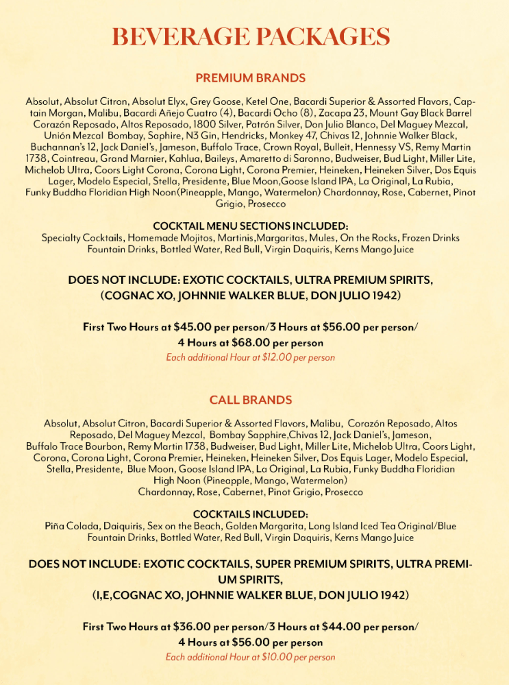 Menu listing beverage packages with brand names, cocktail options, and pricing for different service durations.