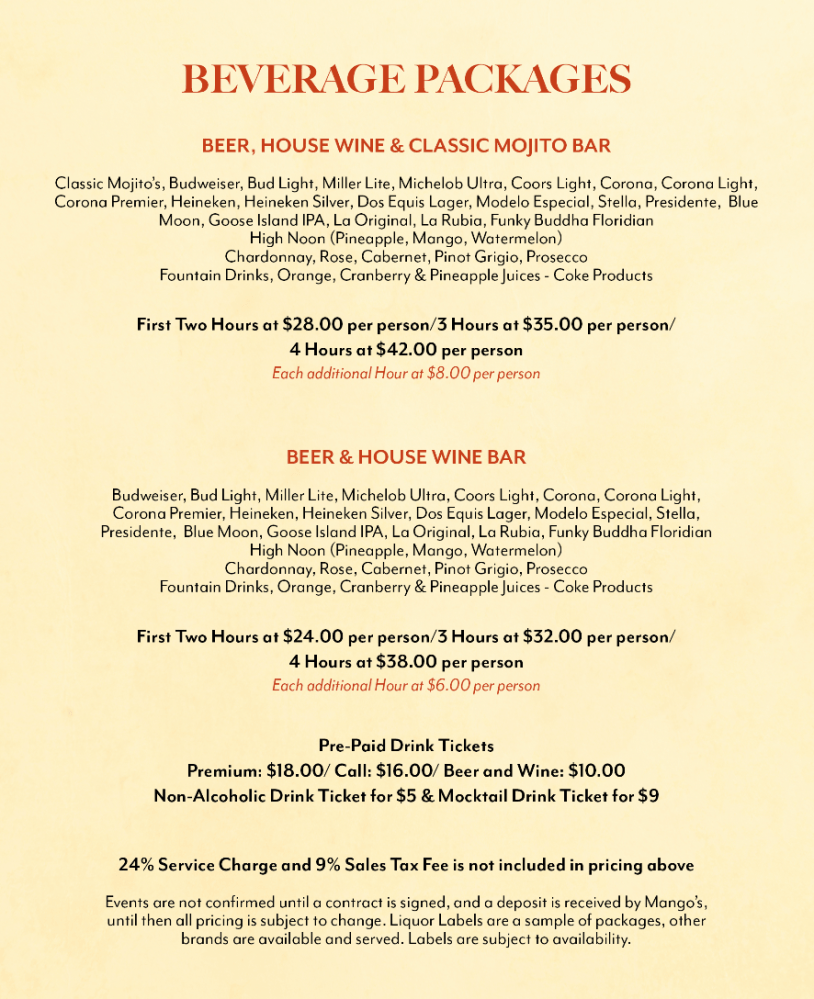 Menu of beverage packages including beer, wine, mojitos, pricing options, and service details.