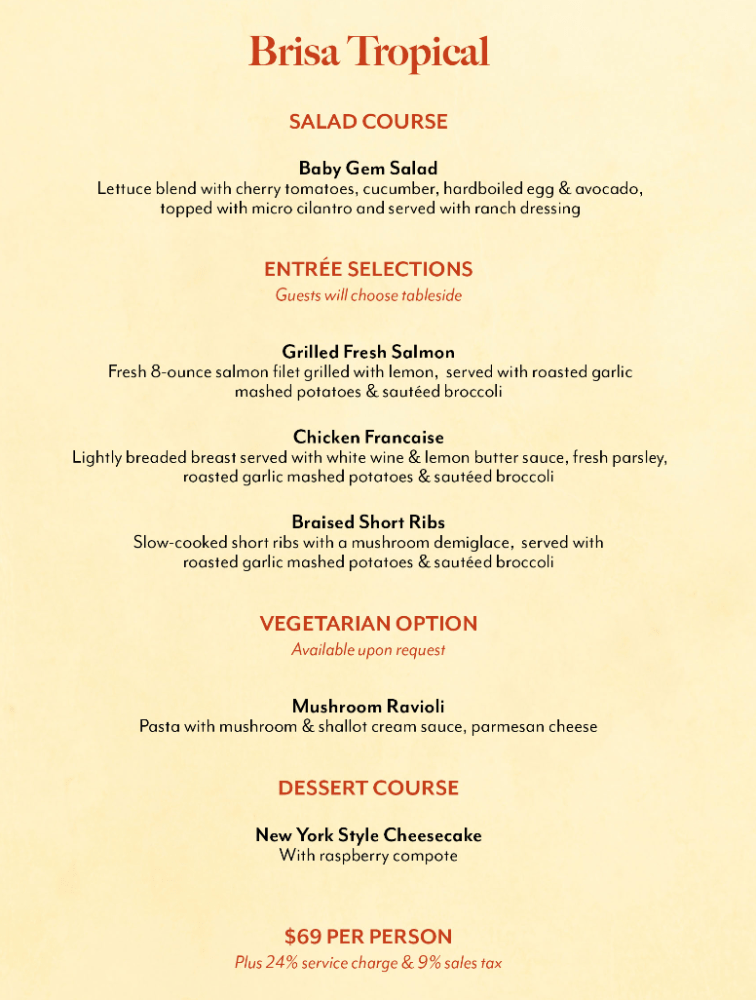 Menu titled 'Brisa Tropical' with salad, entree, vegetarian, and dessert courses.