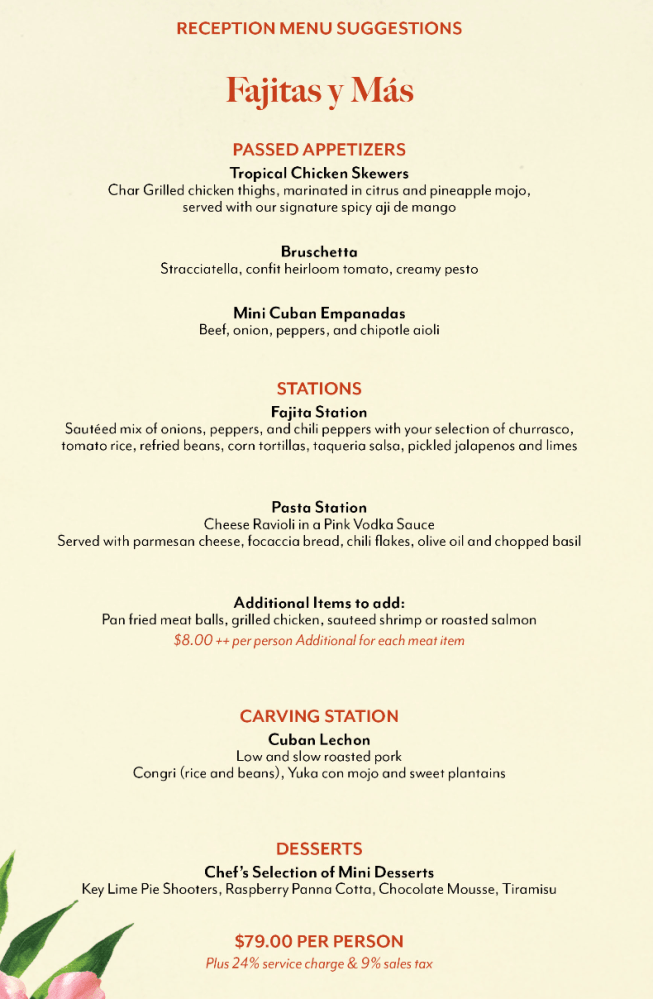 Reception menu featuring Fajitas y Más with stations for appetizers, carving, pasta, and desserts for $79 per person.