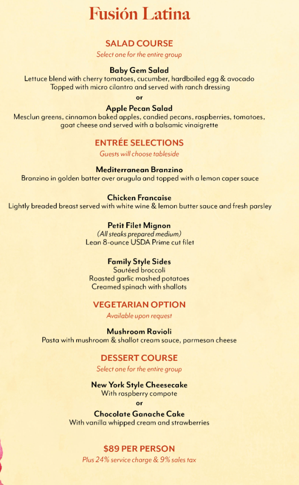 Menu titled 'Fusión Latina' with salad, entrée, vegetarian, and dessert options, priced at $89 per person.
