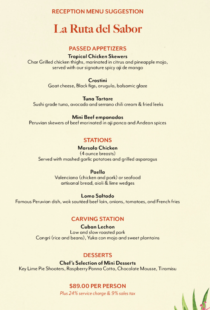 Menu titled 'La Ruta del Sabor' with appetizers, stations, carving station, desserts, and price.
