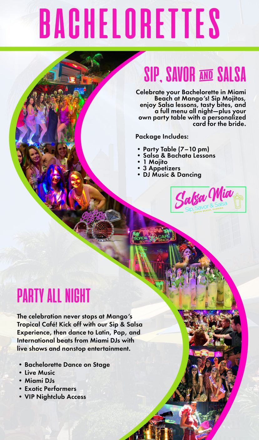 Bachelorette party in Miami brochure for Salsa Mia lessons, live music and dancing night at Mango's Tropical Cafe with images of people dancing and text about salsa lessons, food, drinks and fun.