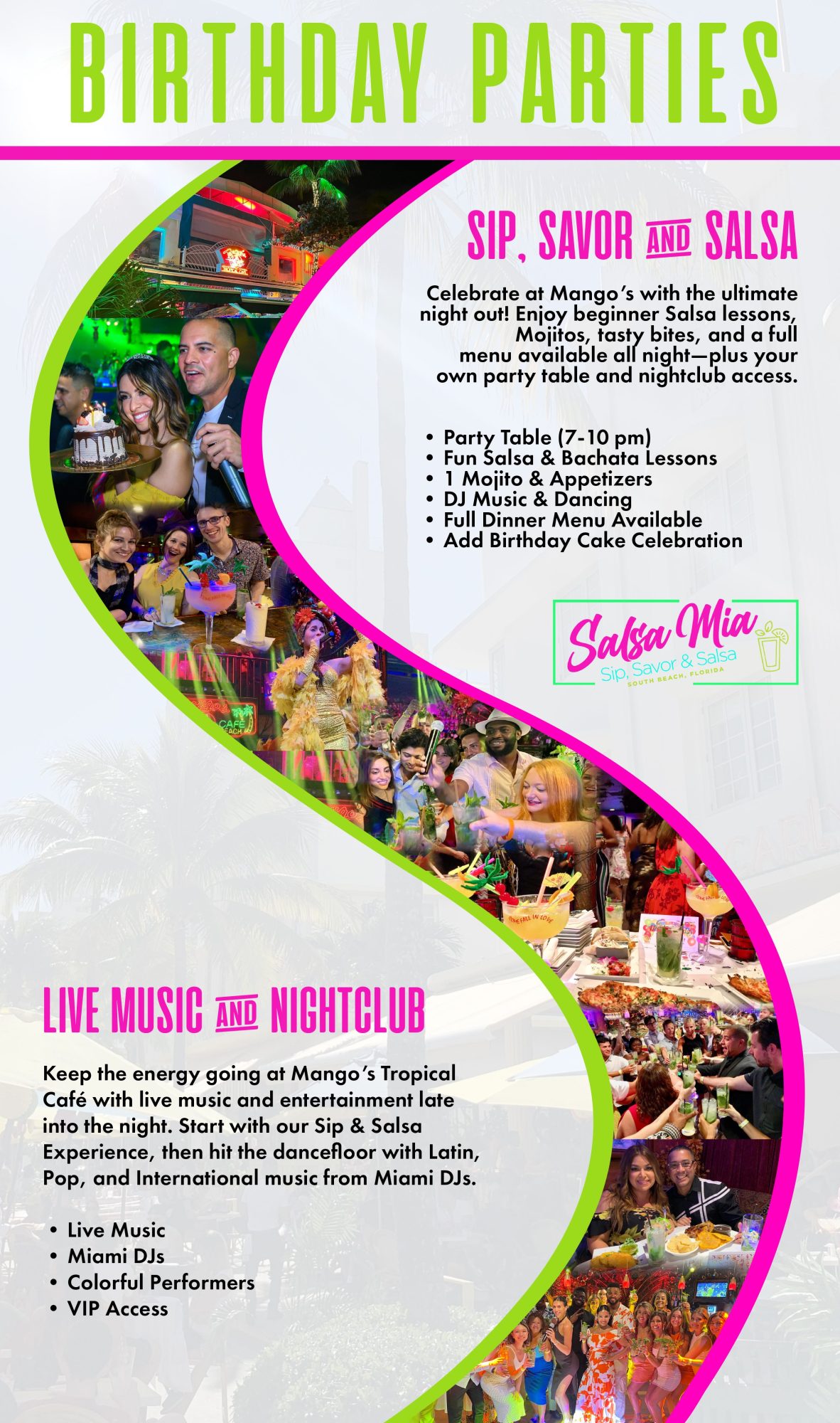 Flyer for Mango's Tropical Cafe Birthday Parties hosted by Salsa Mia with salsa lessons, live music, and vibrant images of events.