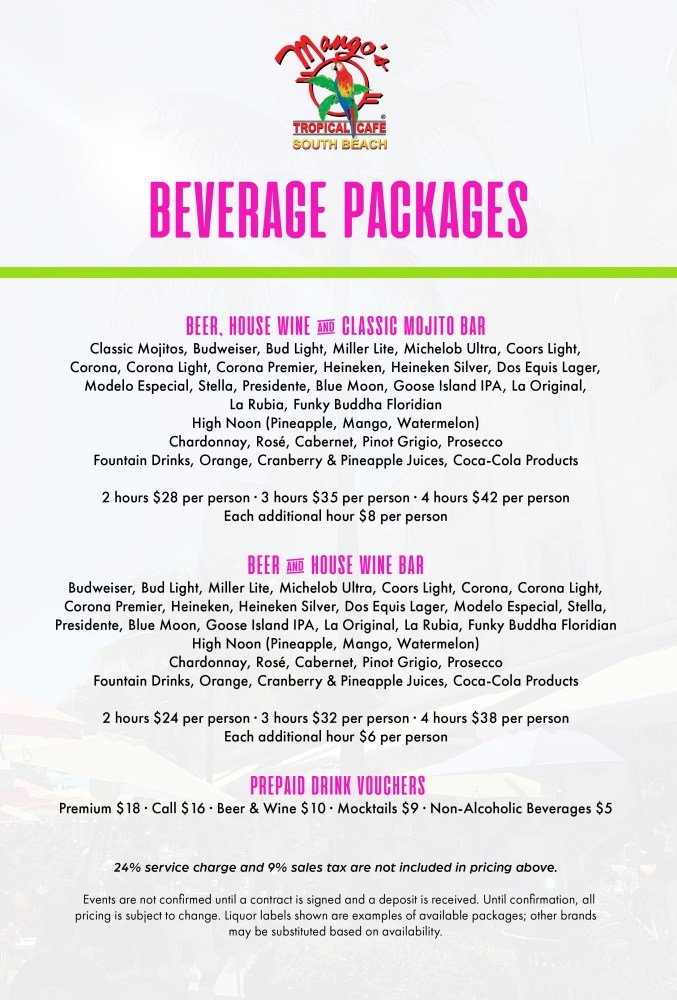 Mango's Tropical Cafe beverage packages menu with beer, wine, mojitos, and prepaid drink vouchers.