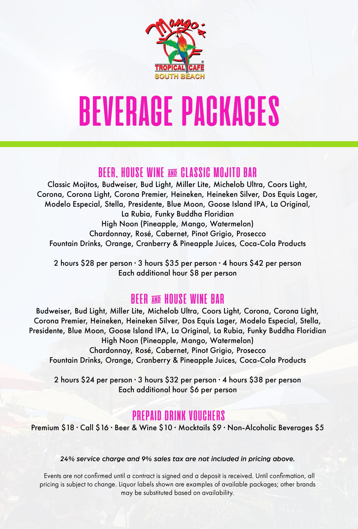 Mango's Tropical Cafe beverage packages menu with beer, wine, mojitos, and prepaid drink vouchers.
