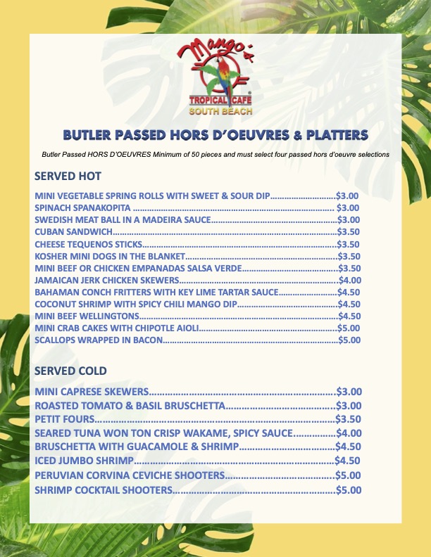 Salsa Mia Salsa Lessons Miami Beach www.salsamia.com - Menu for Mango's Tropical Cafe South Beach, listing hot and cold hors d'oeuvres with prices.