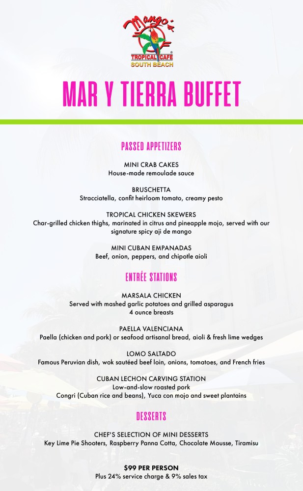 Menu titled 'Mar Y Tierra Buffet' with appetizers, entrée stations, desserts, and price details.