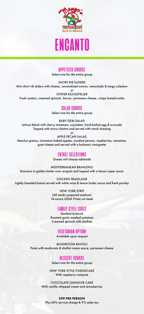 Mango's Tropical Cafe Encanto menu featuring appetizer, salad, entrée, sides, vegetarian, dessert, and price information.
