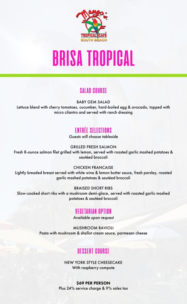 Brisa Tropical menu with salad, entree, vegetarian, and dessert courses, priced at $69 per person.